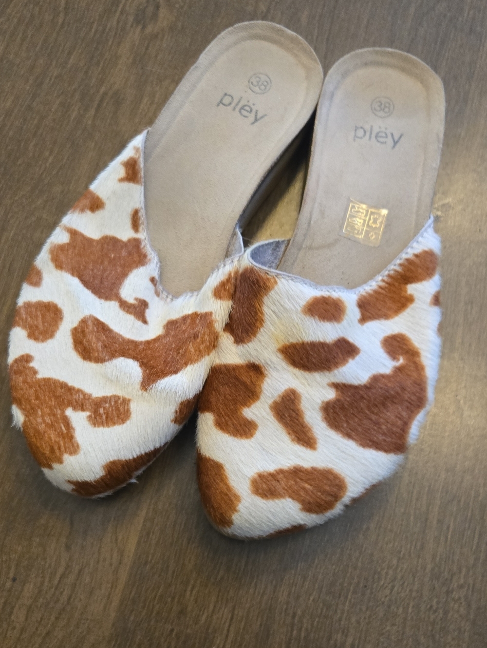Cowhide-Pattern Slip-On Mules in Brown and White